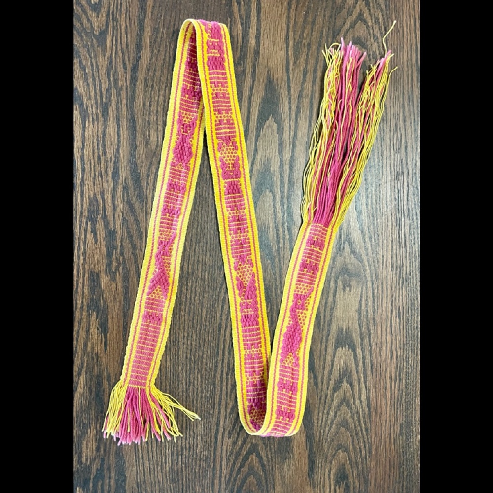 Vintage 70s Hand Woven Oaxacan Ceremonial Sash Belt / Hat band yellow & Pink